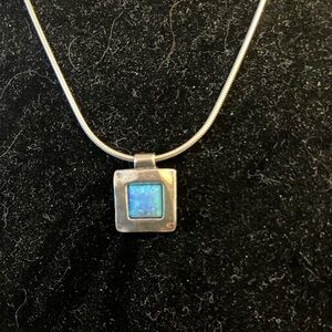 Sterling Silver Square Pendant Necklace with Blue Opal Inlay